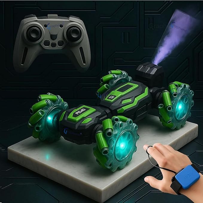 2.4G 4x4 RC Smoke Stunt Car Hand Sensor Gesture Control 360° Spinning High Speed Spray Telescopic Rotating 4WD Stunt Mist Drift Car Double Flip Off Roading Remote Control Car